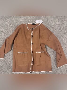 Women’s Camel Brown Button Front Coat with White Trim